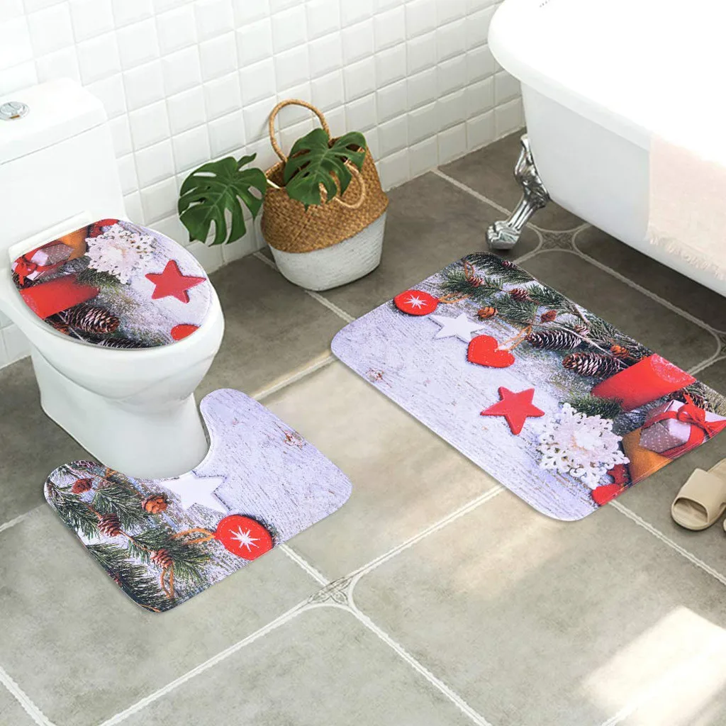 

3PCS Christmas Bathroom Non-Slip Pedestal Rug + Lid Toilet Cover + Bath bathroom accessories shower curtain tapis salle de bain