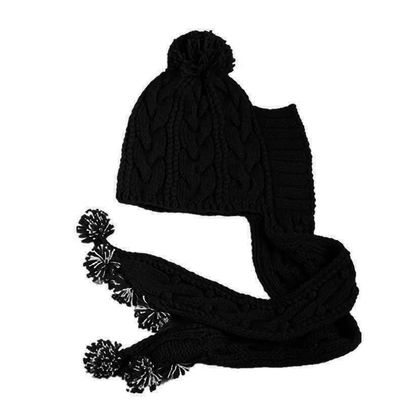 BomHCS милый зимний теплый женский большой шарф с шапкой с помпонами ручная работа вязаная шапочка шейный платок шапка - Цвет: Черный