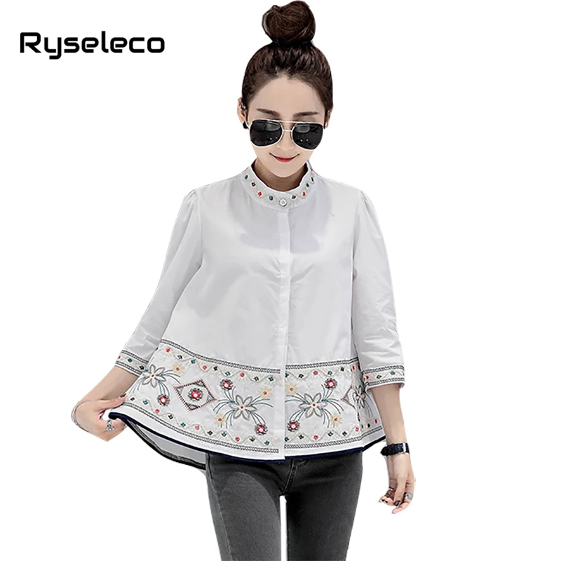 

Women Vintage Spring 3/4 Sleeve Loose Shirts Stand Collar White Brief Fashion Floral Embroidery Plus size Tops Irregular Blouses