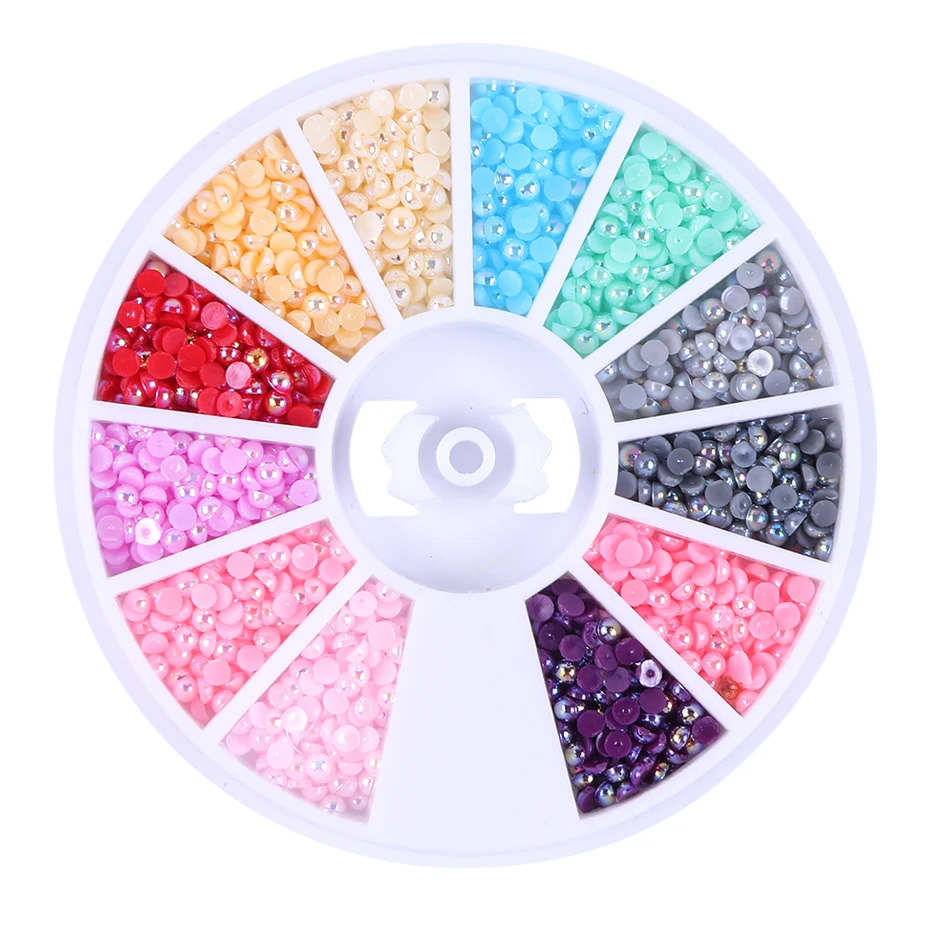 1 Wheel 2mm Colorful Pearls Rhinestones 3D Half Round Glitter Nail Art Decoration Beads Flatback Gems Jewelry DIY Manicure LA969 (9)