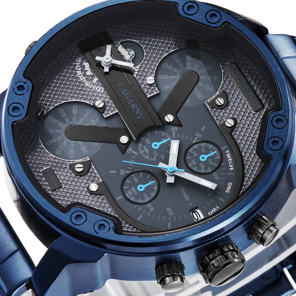 drop shipping cool big case quartz watch for men casual mens wrist watches dual time zones auto date army military Relogio Masculino blue stianless steel band 2019 new design (4)