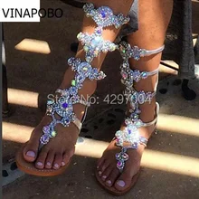Vinapobo роскошные женские босоножки пикантные гладиаторы до колена Туфли без каблуков Street Стиль Женская обувь с кристаллами женские Туфли без каблуков сандалии