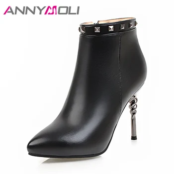 

ANNYMOLI Winter Women Boots High Heels Ankle Boots Rivet Sexy Short Boots Ladies Velvet Shoes Size 33-43 Autumn Footwear 2018