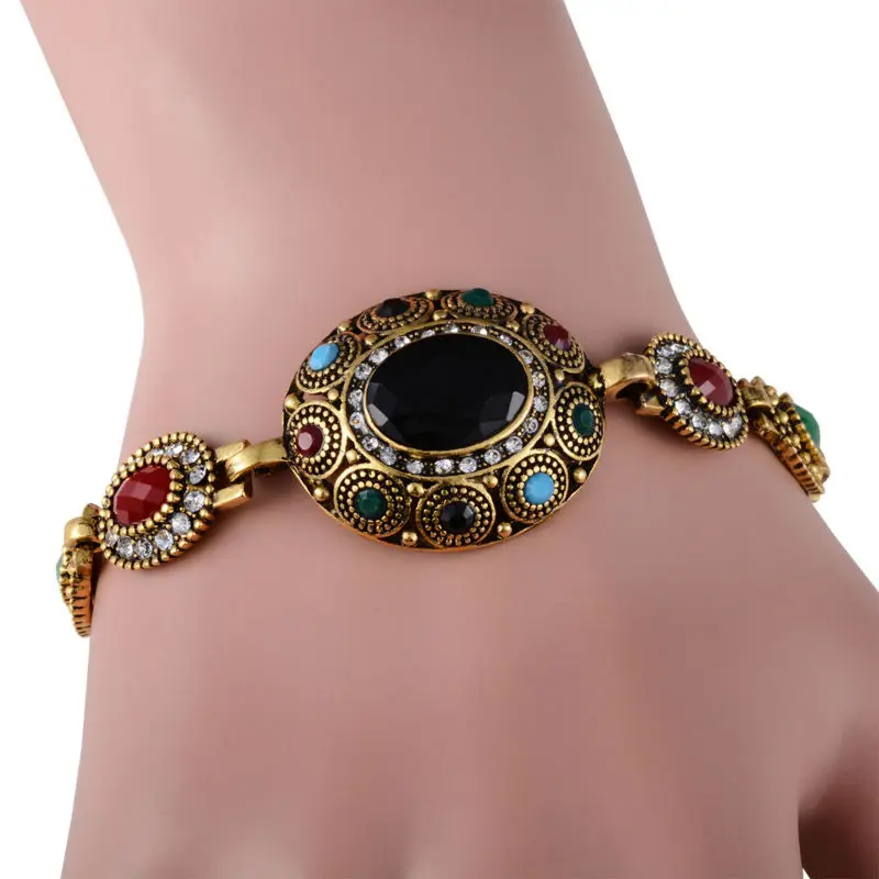 Turkish Jewelry Ethnic Bohemian Bracelets For Women Red Gem Stone Black Resin Tribal Gold-Color Femme Bracelet Jewellery Metal Bracelet