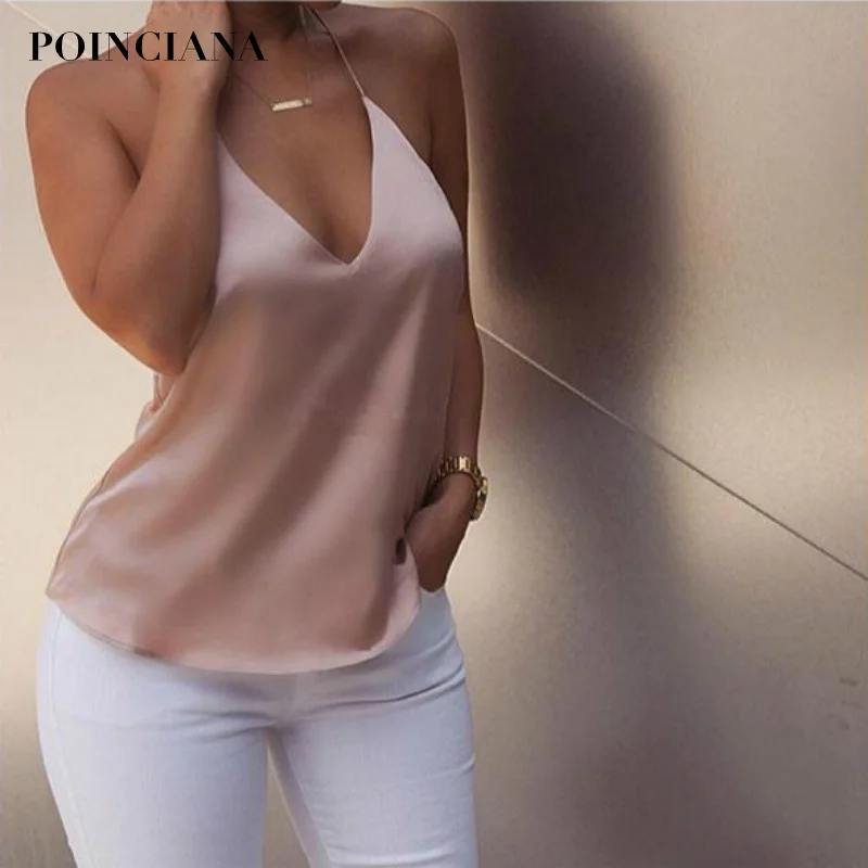 Women Tops Sexy Solid Color Imitation Silk Sleeveless Straps Small Camis Tank Cold Shoulder Thin Femme Hot Sell Women's Clothing
