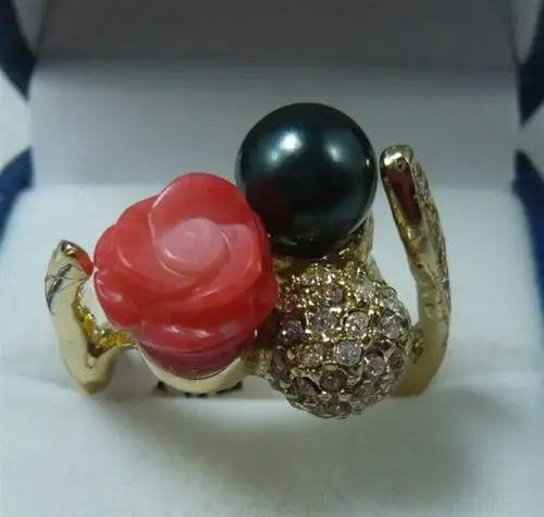 FREE SHIPPING&gt&gt&gt@@ A&gt &gt&gt&gt Black Sea Shell Pearl&ampRed Coral Flower Shape Ring # | Украшения и аксессуары