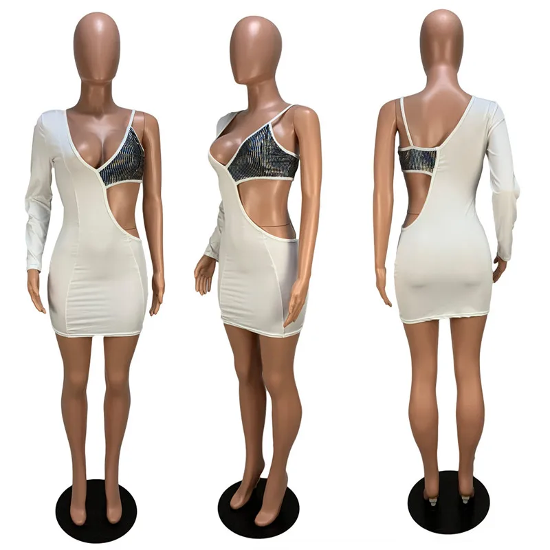 Сексуальное Белое Облегающее мини-платье с v-образным вырезом, женское осеннее платье на одно плечо, с длинным рукавом, с пайетками, в стиле пэчворк, с вырезами, платья для вечеринок в ночном клубе - Цвет: Белый