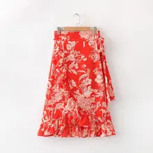 Летняя женская красная цветочный принт с отворотом миди юбка Передняя оборки детали талия с застежкой на пояс