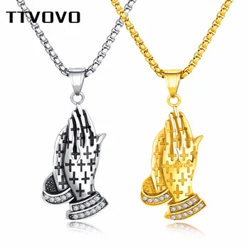 

TTVOVO Praying Hands Pendant Necklace for Men Gold/Black Color Stainless Steel Bible Verse Prayer Hip Hop Christian Jewelry Gift