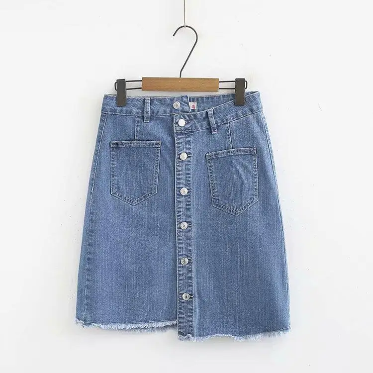 

Plus Size XL-5XL Elastic Women Denim Skirt Plain Mid Waist Irregular Button Skirts with Pockets