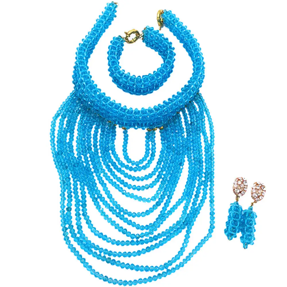 Amazing Blue Wedding Bib Crystal Beads Jewelry Set Anniversary Party Women Costume Necklace Bracelet Set Free Shipping WDK-010