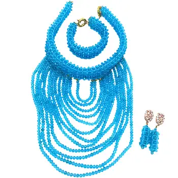 

Amazing Blue Wedding Bib Crystal Beads Jewelry Set Anniversary Party Women Costume Necklace Bracelet Set Free Shipping WDK-010