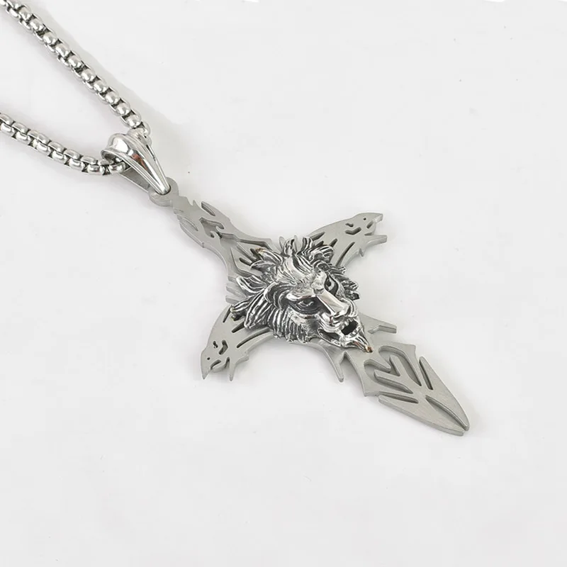

2019 AW Animal Lion head hollow out cross pendant & necklace Silver color stainless steel 3D Lion cross men cool necklace