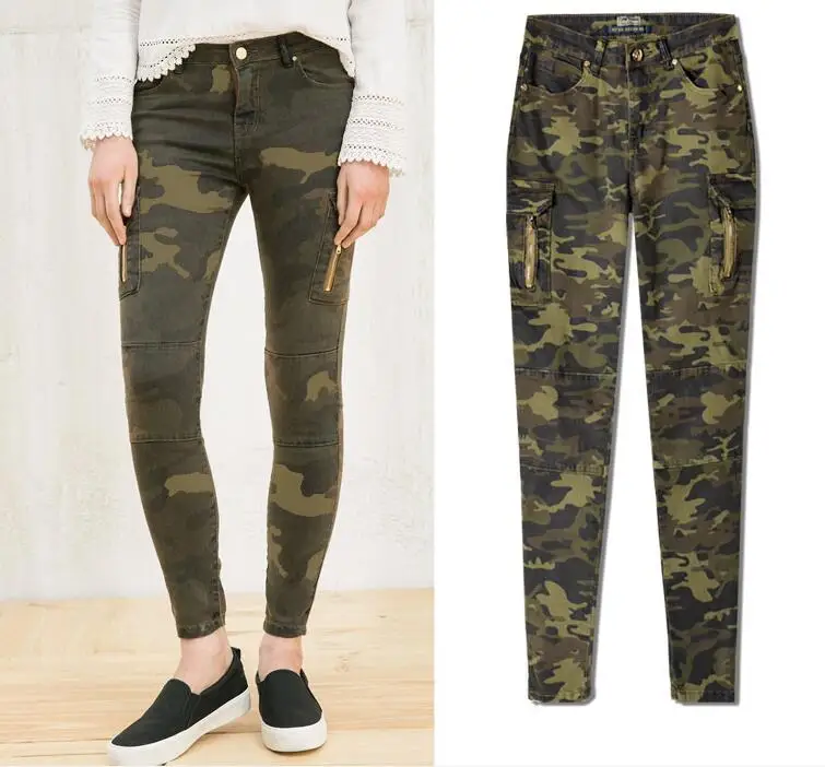 

European and American women Mid-Rise pockets camouglage stretch jeans Fashion slim fit denim pencil pants