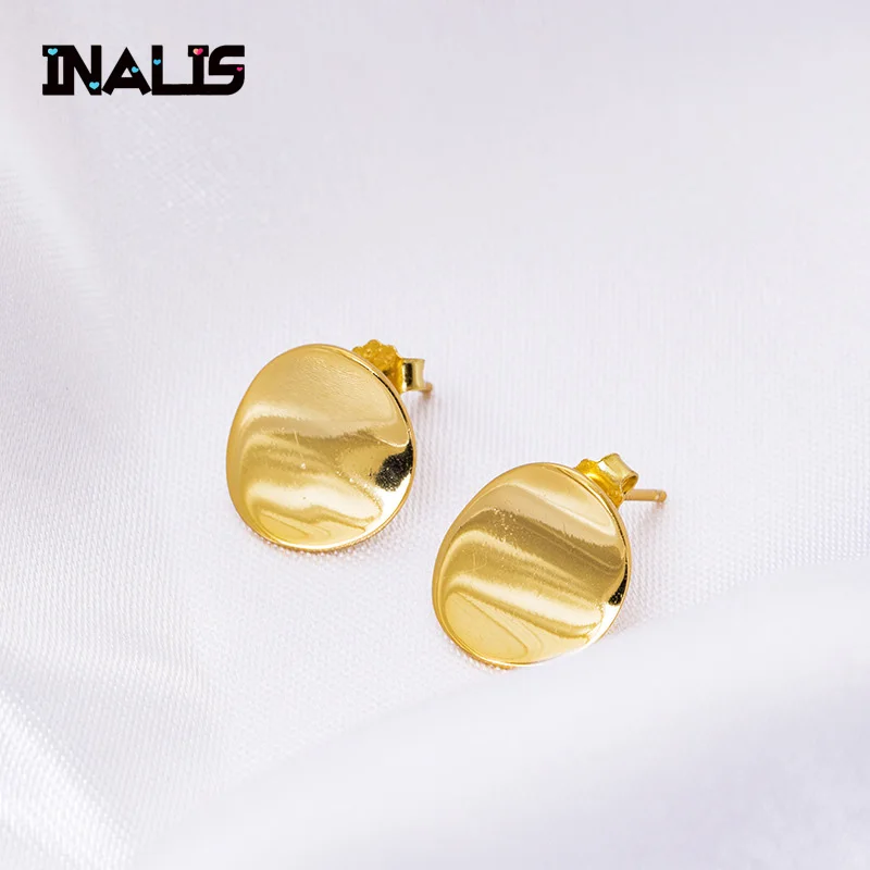 

INALIS New Vintage S925 Silver Cold Plated Round Stud Earrings For Women Retro Antique Simple Europe Brincos Jewelry Female Gift