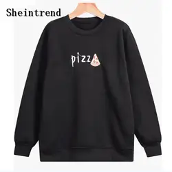 Sheintrend Толстовка Для женщин Pizz принт осень-зима с длинным рукавом женский, черный Толстовки кофты О-образным вырезом Пуловеры для женщин