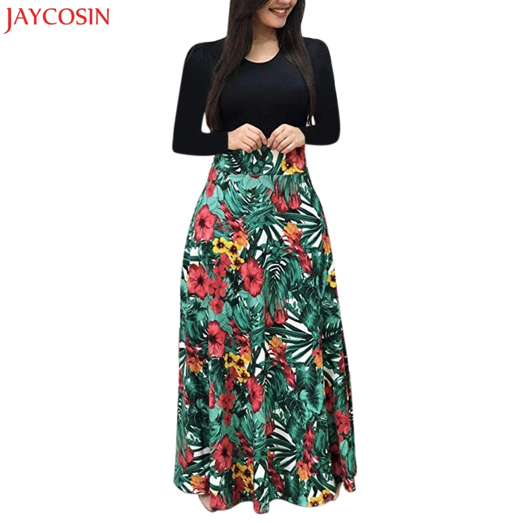 

JAYCOSIN XL Fashion Women Dresses O-Neck Long Sleeve Floral Print Long Maxi Dress Ladies Casual Fit and Flare Empire Dress z1218