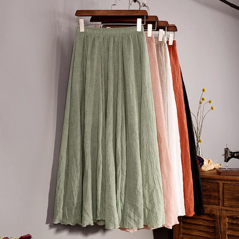 

2019 Summer Vintage Bohemia Cotton Linen Pleated Skirt Women Mori Girl Boho Long Maxi Beach Party Loose Flare Skirt Faldas Saia