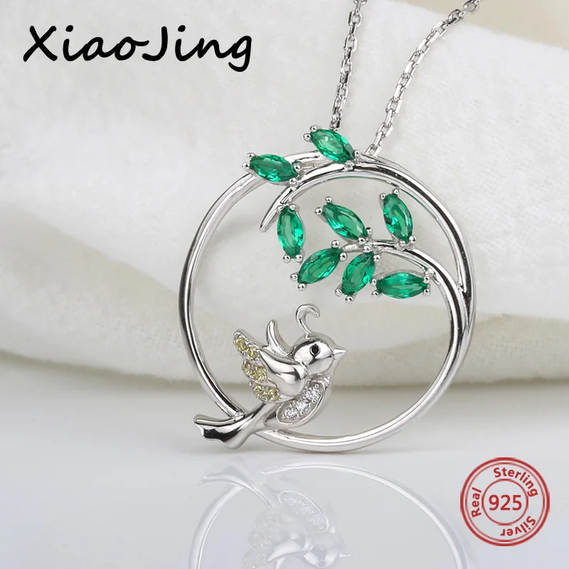 

New 925 sterling silver lovely bird & tree pendant necklace with green zircon European diy fashion jewelry making for women gift