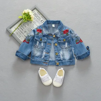

Baby Denim Coats Vintage Jeans Jackets Kids Toddler Denim Jackets Infant Jean Rose Flower Embroidery Children sweaters For 0~4Y