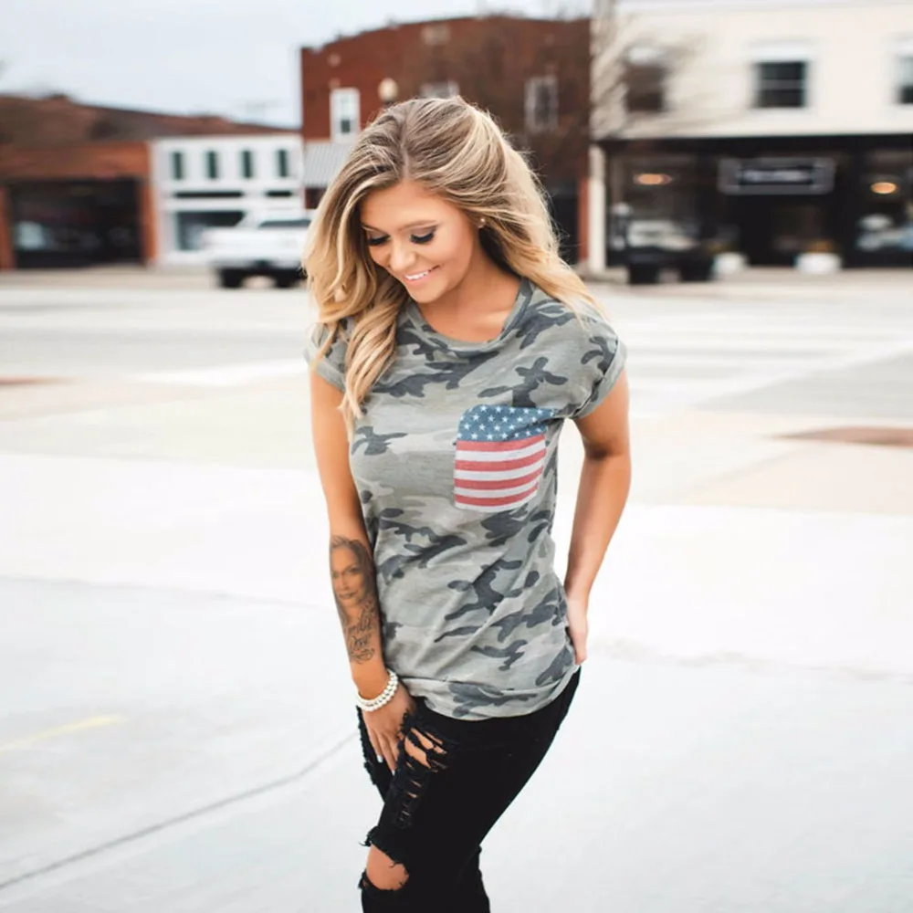 

Summer Fashion Women Sexy Camouflage Printing American Flag Splicing T-shirt Casual Daily Party Night Wear #242853