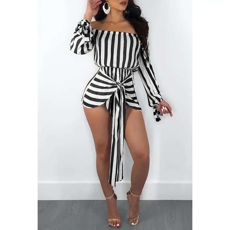 

Slash Neck Long Sleeve Bandage Overall Women Summer Playsuits Off-Shoulder Stripe Sexy Nightclub Wear Jumpsuits WS8103C