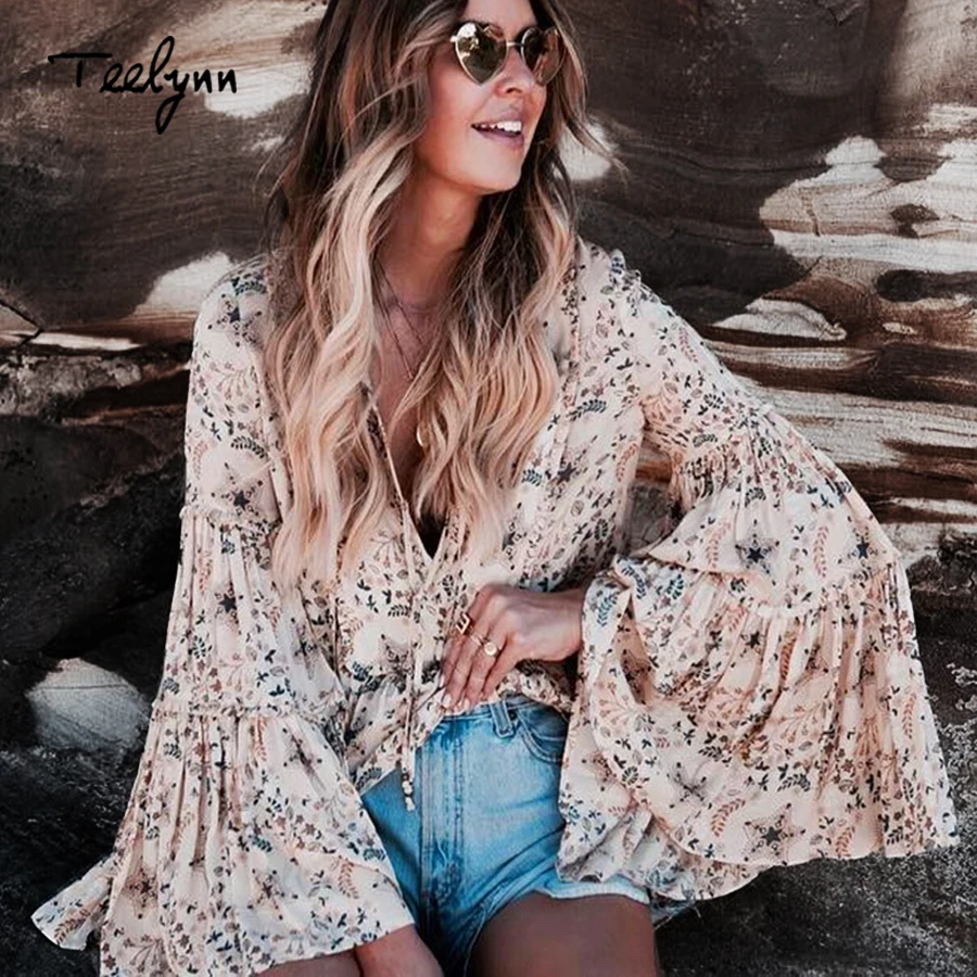 

yellow Boho blouse Floral print blouses flare o-neck long Sleeve Bohemia loose Hippie 2019 Vinatge autumn women blousesFeccer