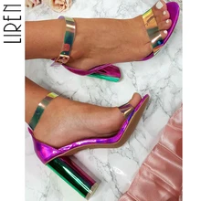Liren Ankle Strap Heels Sandals Women Chunky High Heels Open Toe Women Shoes Party Dress Sandals Bling Ladies Cover Heel women luxury open toe one strap champagne gold chunky heel sandals ankle strap buckle thick high heel sandals dress shoes