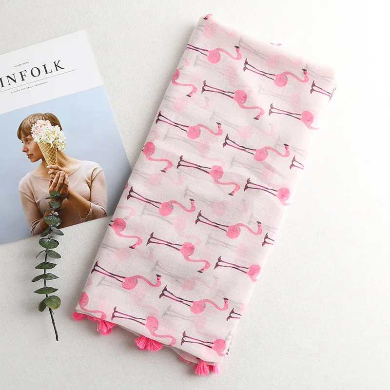 

VS Pink Women Beach Towel Small Flamingos Print Long Tassels Shawl Summer Female Cotton Scarf Bohemia Pink Beach lady Scarves