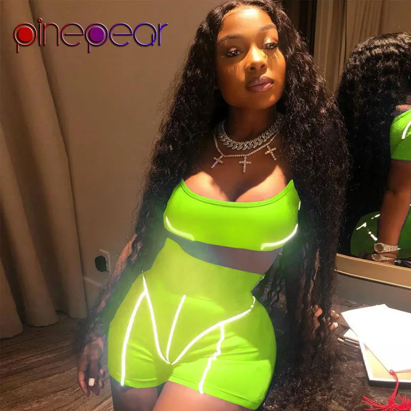 

PinePear Reflective Striped Short Sleeve Crop Top + Shorts 2 Piece Outfits for Women Sport Set Fitness Yoga Suit Drop Shipping