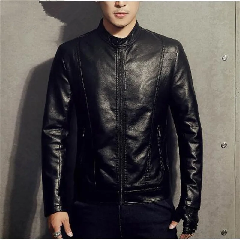 New 2018PU Leather Jacket Men Black Red Brown Solid Mens Faux Fur Coats Trend Slim Fit Youth Motorcycle Suede Jacket Male