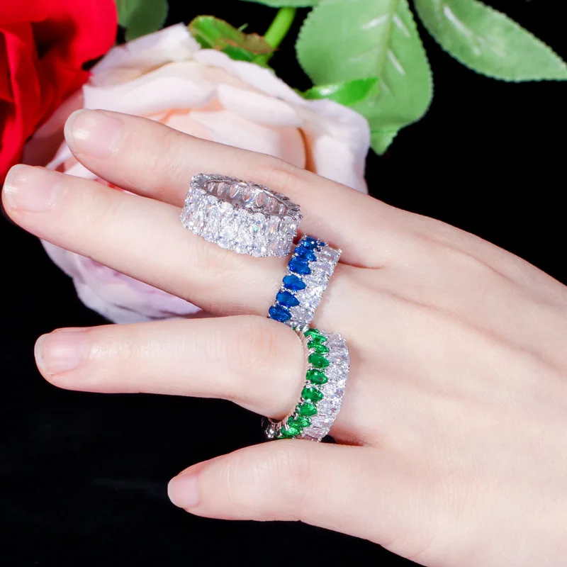 

New luxury women's ring irregularity super shinning white/blue green multi color crystals multi layer top rings for ladies