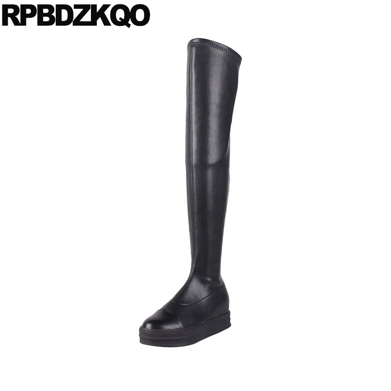 

designer over the knee platform black slip on slim faux fur flat thigh high round toe shoes ladies long women boots winter 2018