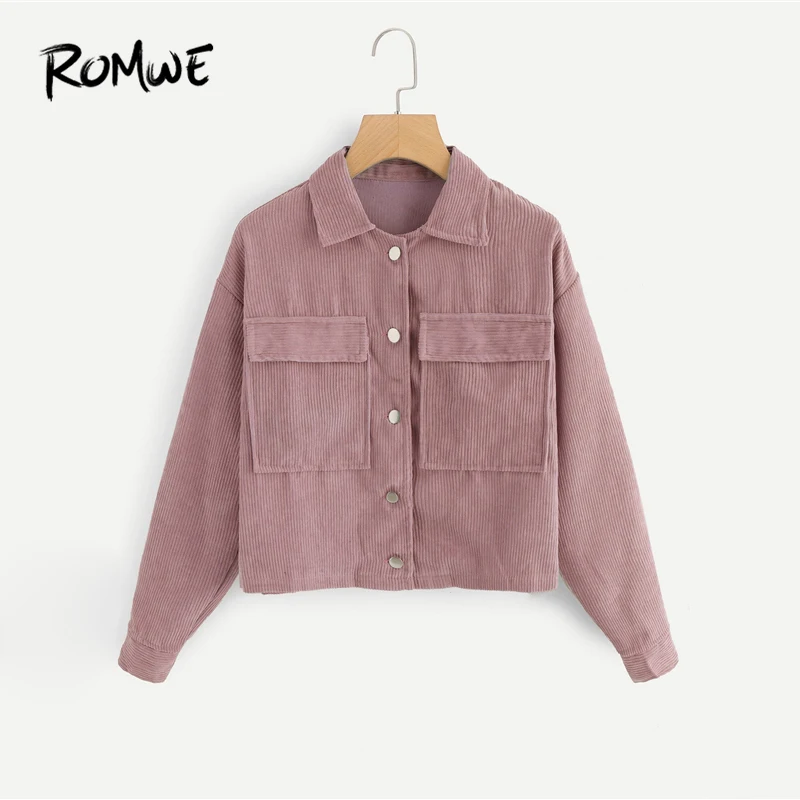 

ROMWE Pocket Decoration Solid Collar Corduroy Utility Jacket 2019 Single Breasted Jackets Cool Women Spring Autumn Jackets