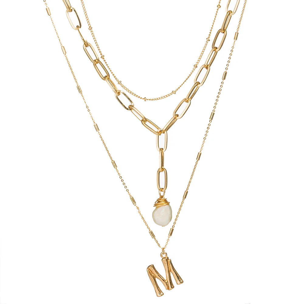

Women Gold Color Imitation Pearls Shell Layered Necklace Jewelry Boho Long Initial Letter Pendant Necklace
