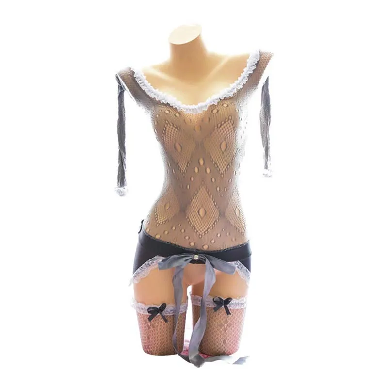 

Sexy Fantasy Sheer Maid Air Hostess See-through Off the Shoulder Mini Dress Stockings Lingerie Set Fetish Role Play Costume