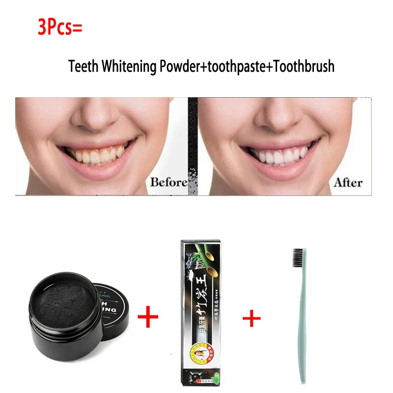 3 шт. набор для отбеливания зубов бамбуковый уголь зубная паста+ натуральный порошок для отбеливания зубов+ ультра мягкая гигиеническая зубная щетка для чистки зубов