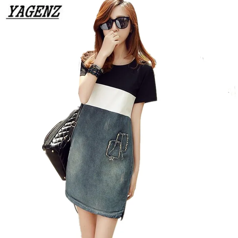 

YAGENZ Ladies Denim Dress 2018 Spring and Summer Casual Short-sleeved Cotton Jeans Loose Stitching Denim Dress Women Plus size