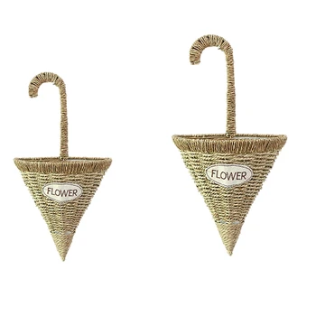 

New Umbrella Handmade Straw Braided Wall Hanging Flower Pot Basket Hand-Woven Home Decoration Storage Basket Flower Planter