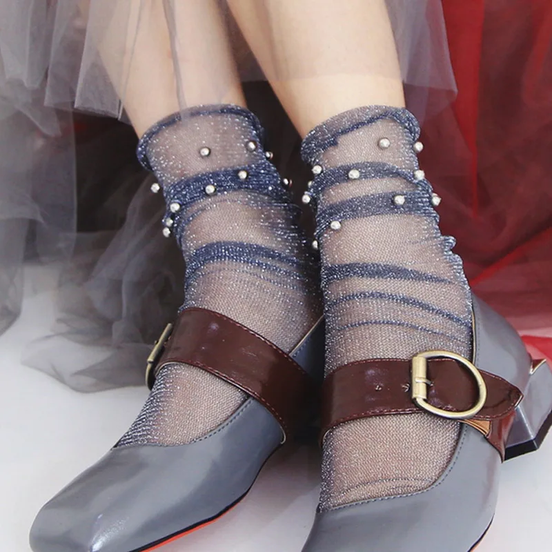 Горячие модные женские блестящие сетчатые серебряные носки с бусинами блестящие мягкие носки прозрачные эластичные Чулочные изделия 19ING