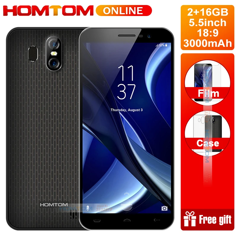 HOMTOM S16 5,5 "18:9 полный Экран смартфон 2 ГБ + 16 ГБ 4 ядра две задние камеры Android 7,0 3000 мАч 3g смартфон с идентификацией отпечатков пальцев