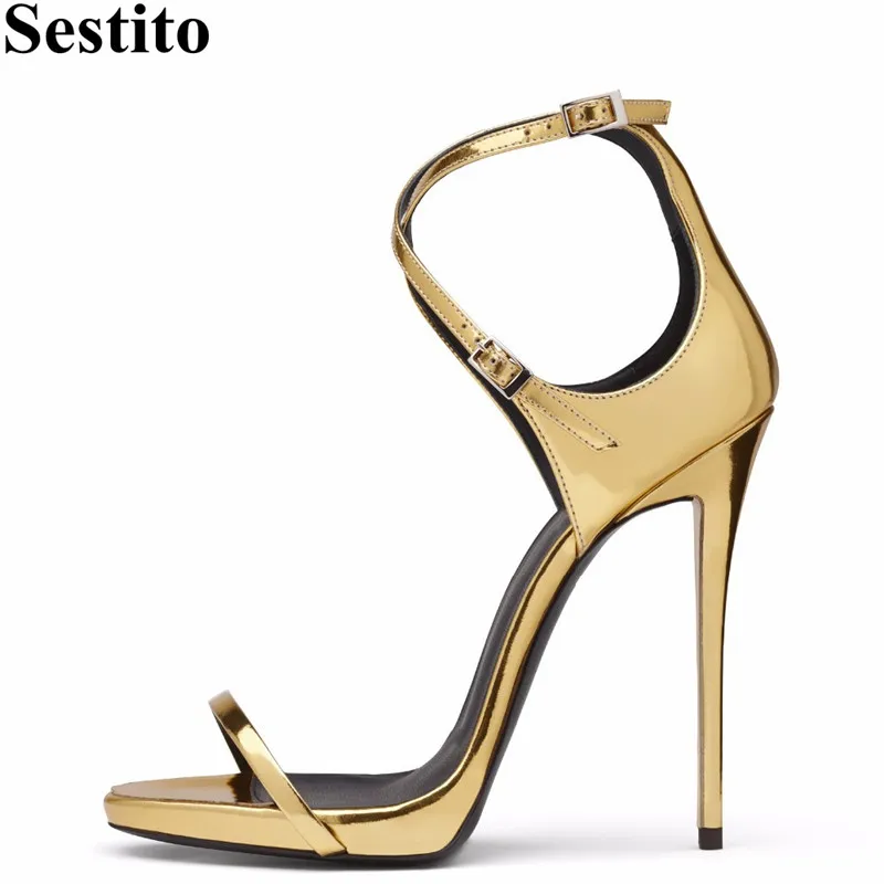 

Gold Cross-tied Party Sandals Summer Peep Toe 12 cm Thin Heels Women Sandals Buckle Strap Newest High Heels Fashion Women Shoes