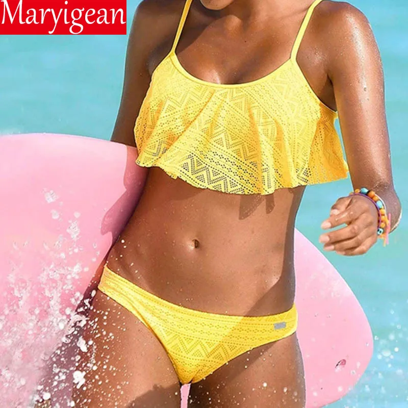 

Maryigean Push Up New 2018 Solid Color Bikini Set Sexy Low Waist Beach Swimwear Women Lace Up Flounce Summer Brazilian Swimsuit