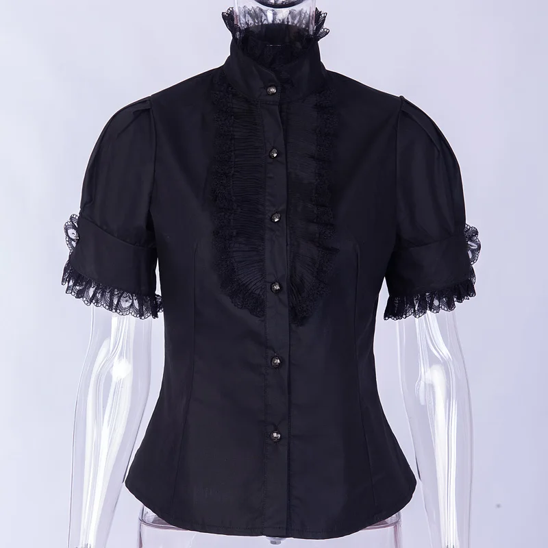 Готическая Черная рубашка, Женская водолазка, кружевная, пэчворк, с пышными рукавами, Готическая рубашка, черная, Harajuku, женская, летняя, Лолита, рубашки