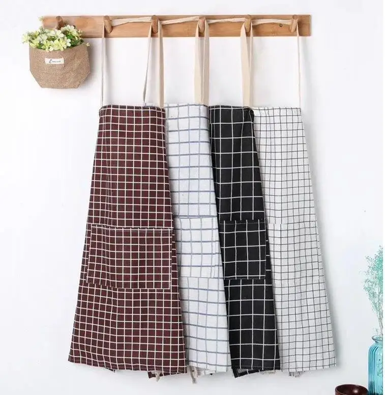 Adjustable Aprons Cotton Linen Kitchen Apron Women Buffalo Plaid Restaurant Sleeveless Vintage Apron Delantal Cocina