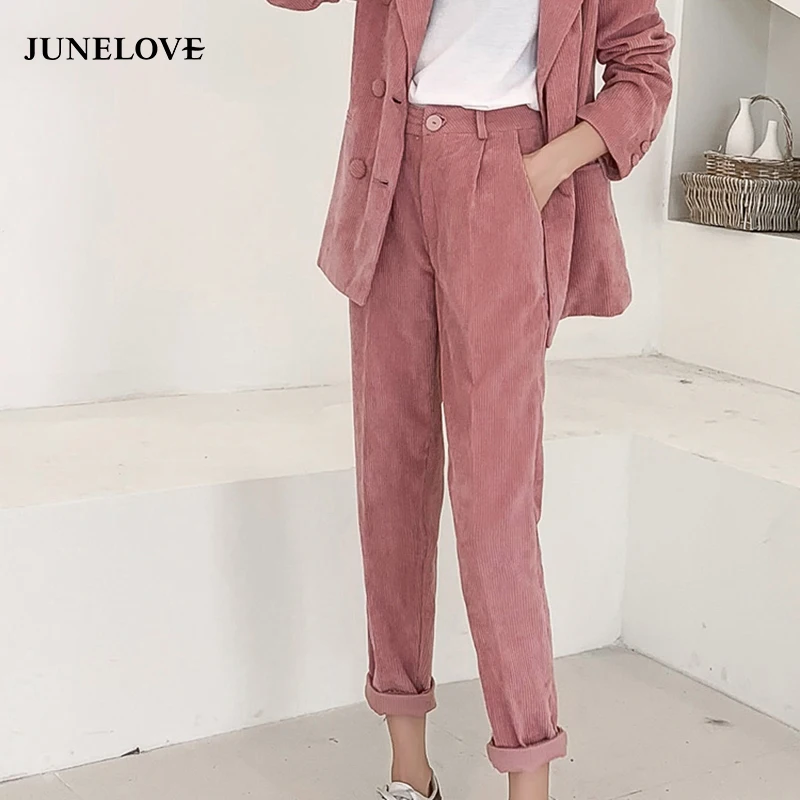 

JuneLove Women Winter Vintage Long Pants Casual Female Corduroy Pants High Waist Lady Retro Loose Straight Pants Bottoms