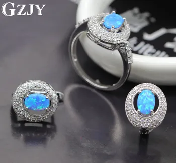 

GZJY Women Blue Fire Opal Zircon White Gold Color Earrings Ring Jewelry Set For Women Fashion Wedding Jewelry