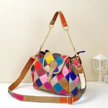 2016 beutel aus echtem leder beutelrind patchwork bunten farbblock farbenblockdekoration kette tragbare frauen