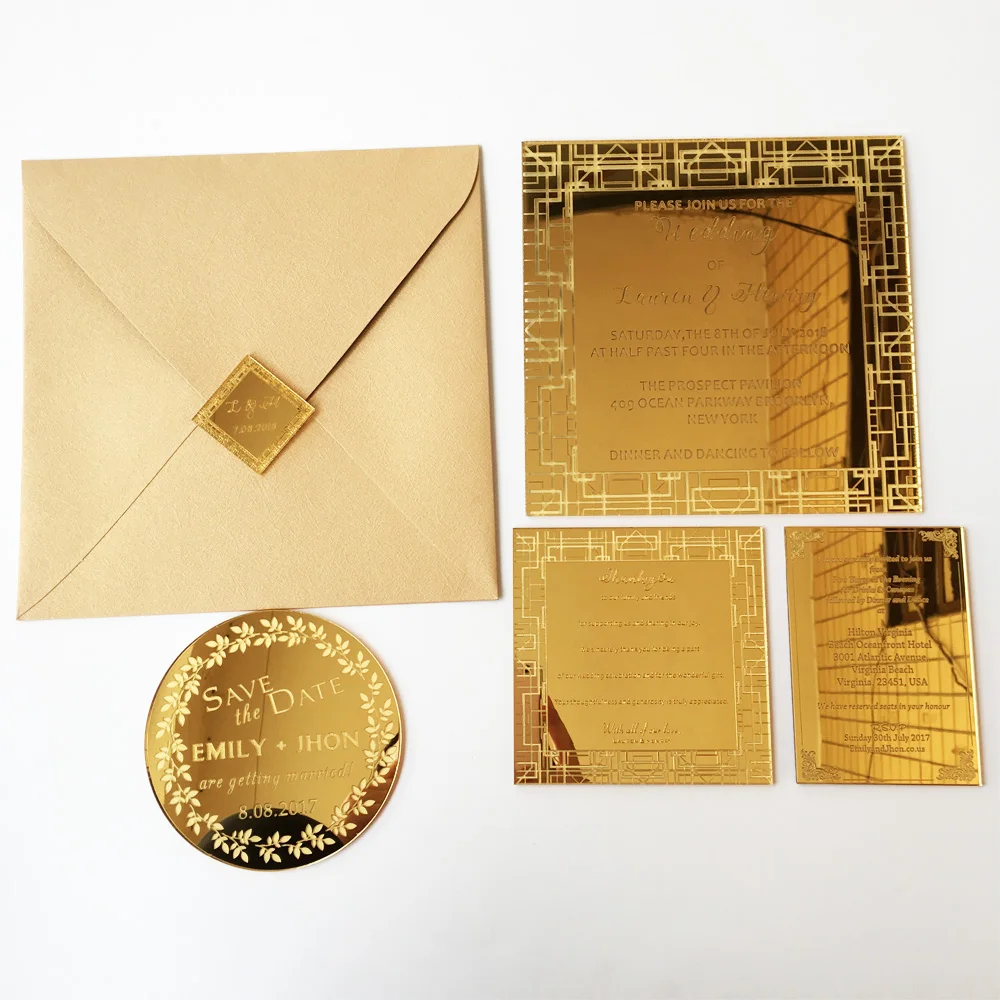  Personalised 150x150mm Square Shape Golden Mirror Acrylic Wedding Invitation Card Set 100 Sets Per  - 32828536279