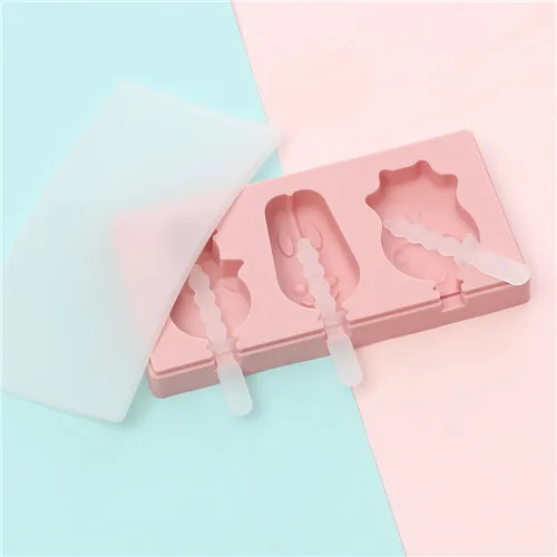 Pink 4 Covered Cartoon 3 Piece Ice Cream Ice Cube Mold Kitchen 2 Colors Multi-type Silicone Homemade Manual Diy Ice Cream Mold Home - Color: Pink 4
